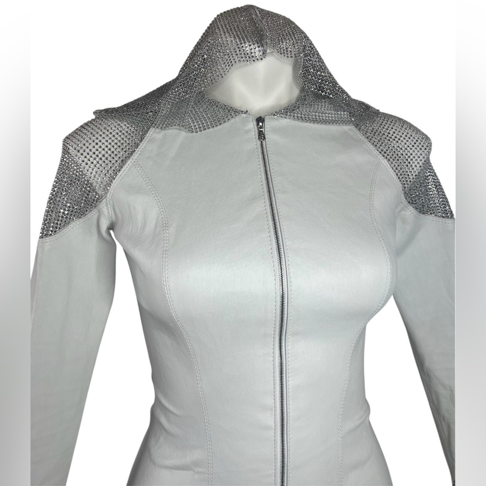 APHERO 100%Genuine Lamb Leather riri Zip Jacket, Crystal Net Hood Made in France